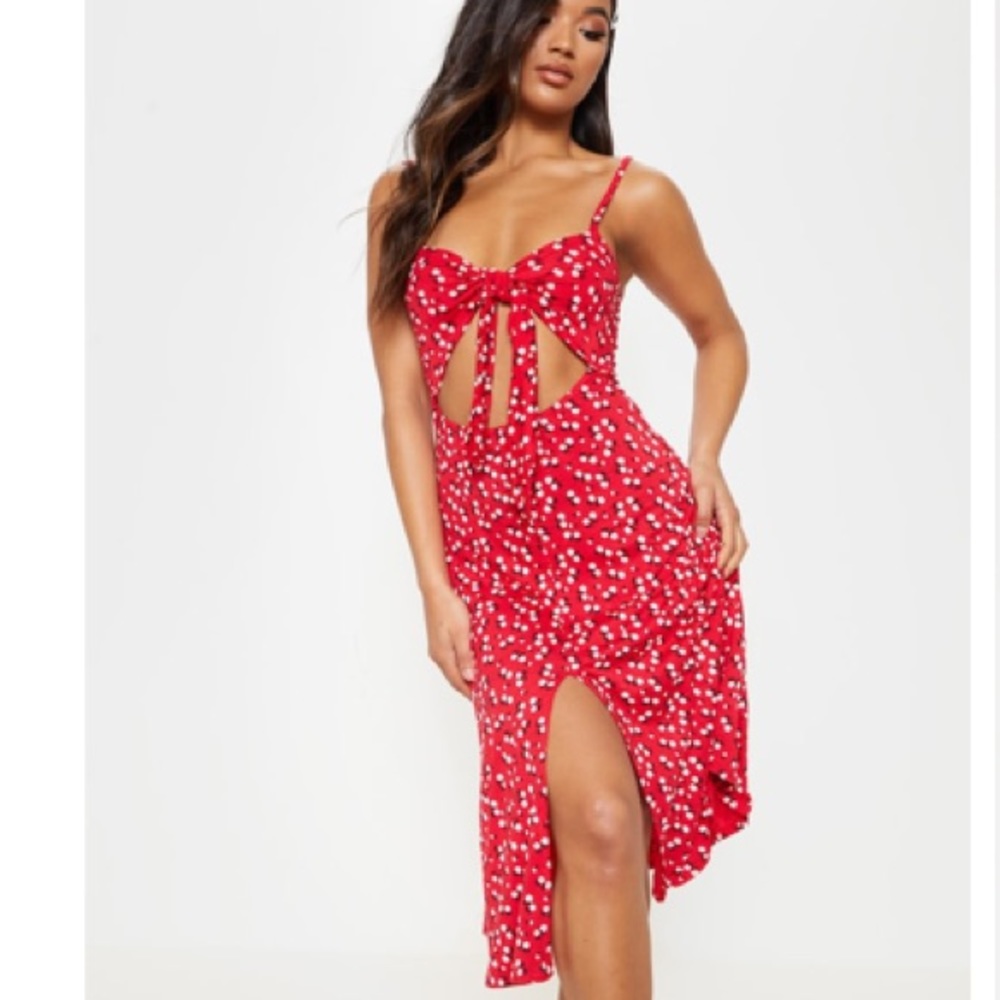 PrettyLittleThing Red Floral Tie Front Dress - Picture 3 of 14